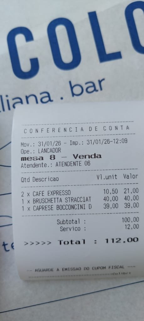 Conta mostrando preços reais no Il Piccolo Rio de Janeiro