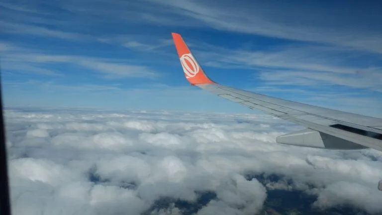 milhas e passagens aéreas: vista da asa do avião acima das nuvens durante voo