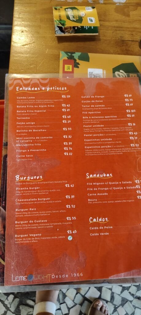 menu completo do leme light no rio de janeiro com pre&ccedil;os atualizados