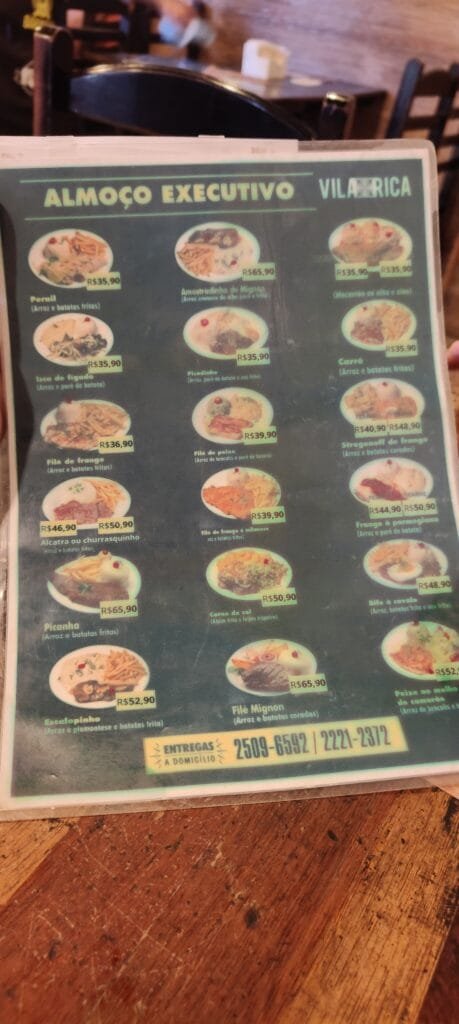 Card&aacute;pio de almo&ccedil;o executivo do vila rica com pre&ccedil;os atualizados