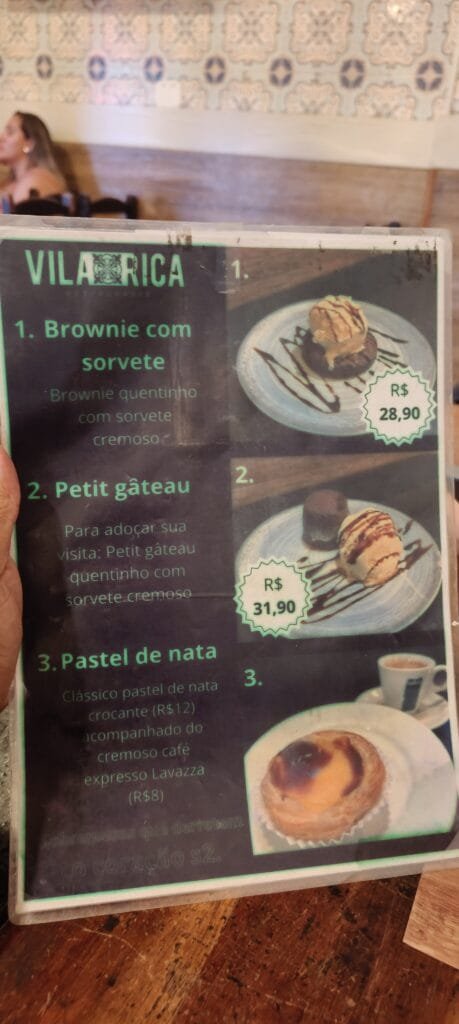 card&aacute;pio de sobremesas do vila rica com brownie petit gateau e pastel de nata