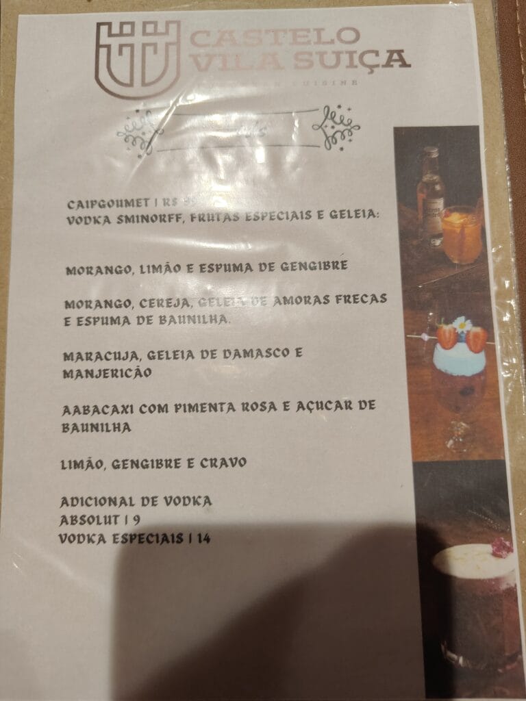 card&aacute;pio de drinks do restaurante medieval castelo vila su&iacute;&ccedil;a 1818 em nova friburgo