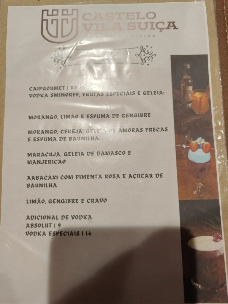 signature drinks menu from the castelo vila suíça 1818 medieval restaurant in nova friburgo