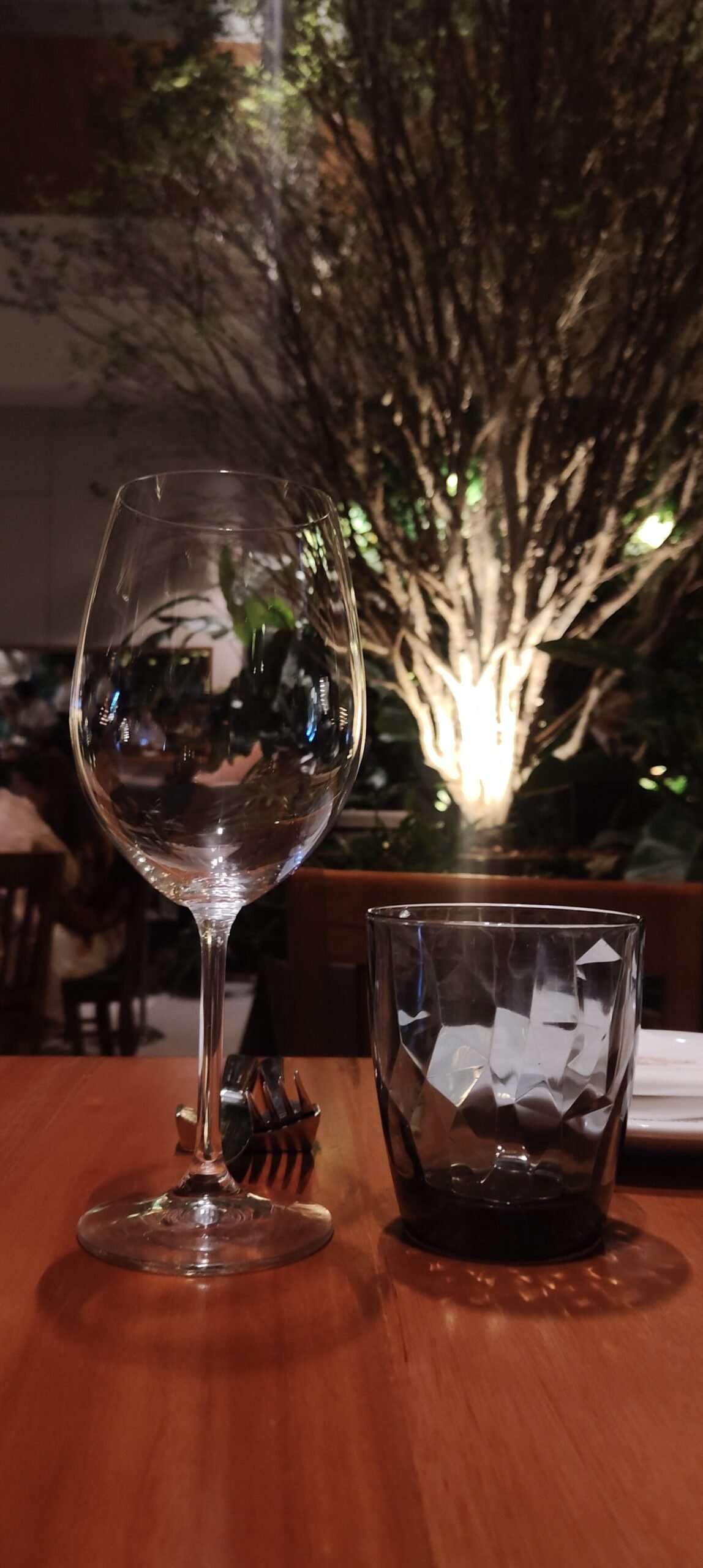 Restaurante São Miguel em Botafogo vale a pena? Nossa experiência e quanto gastamos 5 Taça sobre a mesa com jardim iluminado ao fundo no Restaurante São Miguel, em Botafogo.